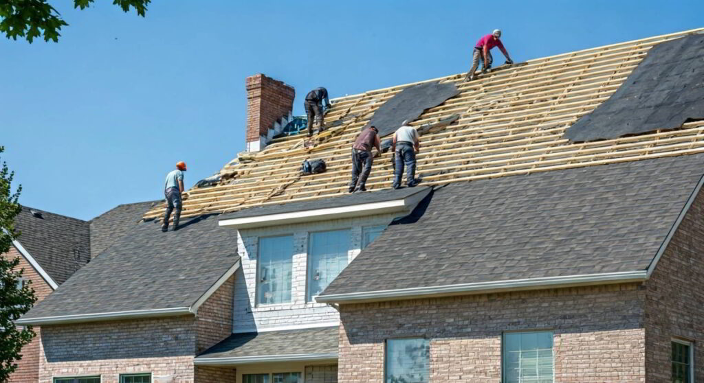 A team of roofers tearing off old roof and replacing with asphalt shingles